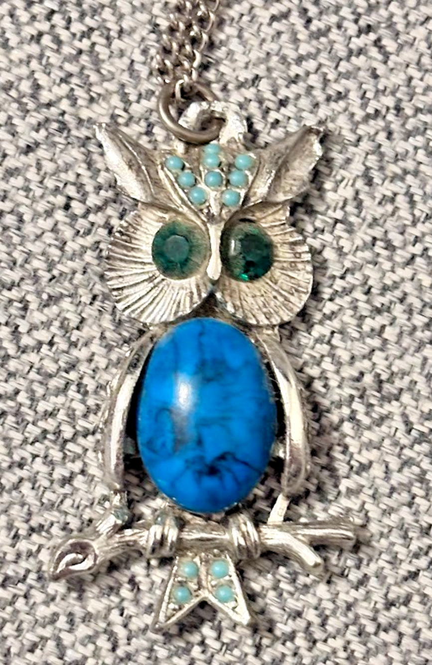 Vintage Owl Pendant Necklaces Silver Tone Faux Turquoise Boho Hippie 21"